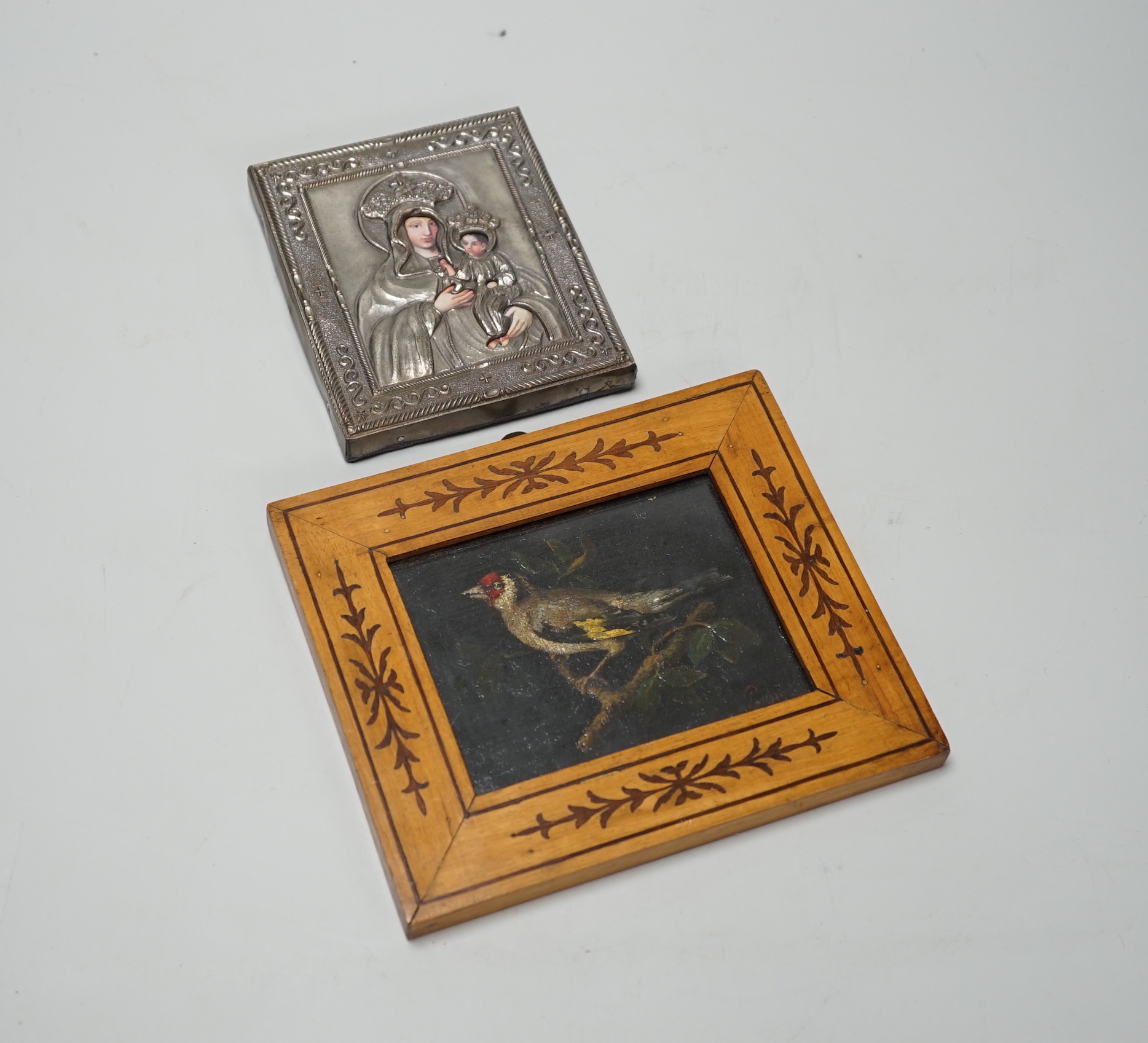 Continental School, oil, Study of a finch, and a small printed and overlaid Icon